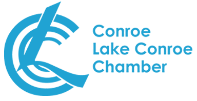Logo of the Conroe Lake Conroe Chamber in blue with stylized text and design.