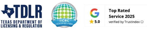 Logos for TDLR, IICRC Certified Firm, and a 5-star Google rating with “Top Rated Service 2025.”