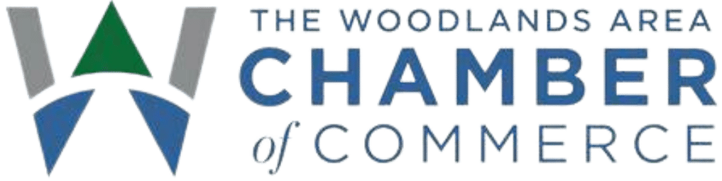 Logo for The Woodlands Area Chamber of Commerce with a stylized “W” and blue text.
