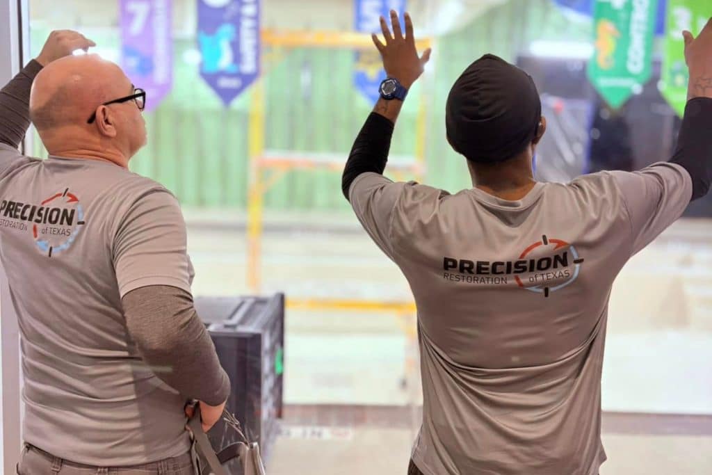Two workers wearing “Precision Restoration of Texas” shirts stand facing a window, raising their arms.