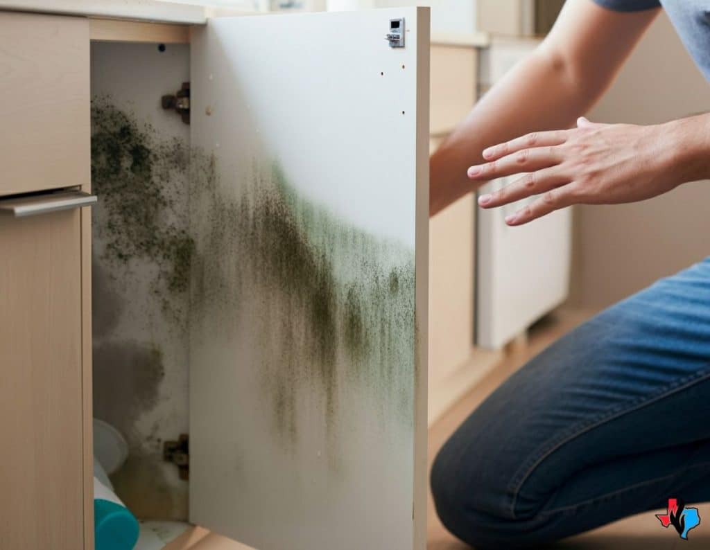 A person inspecting a kitchen cabinet with severe mold contamination, featuring black and green mold growth on the interior surfaces.