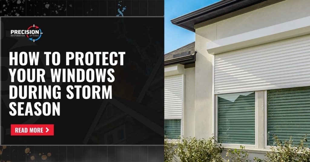Infographics of House with closed hurricane shutters on windows next to bold text that reads, “How to Protect Your Windows During Storm Season.”