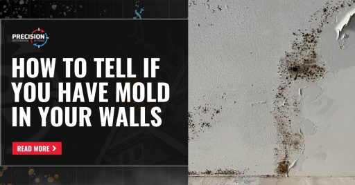 A featured image with bold text reading "HOW TO TELL IF YOU HAVE MOLD IN YOUR WALLS" alongside a close-up of a mold-infested, cracked, and peeling wall.