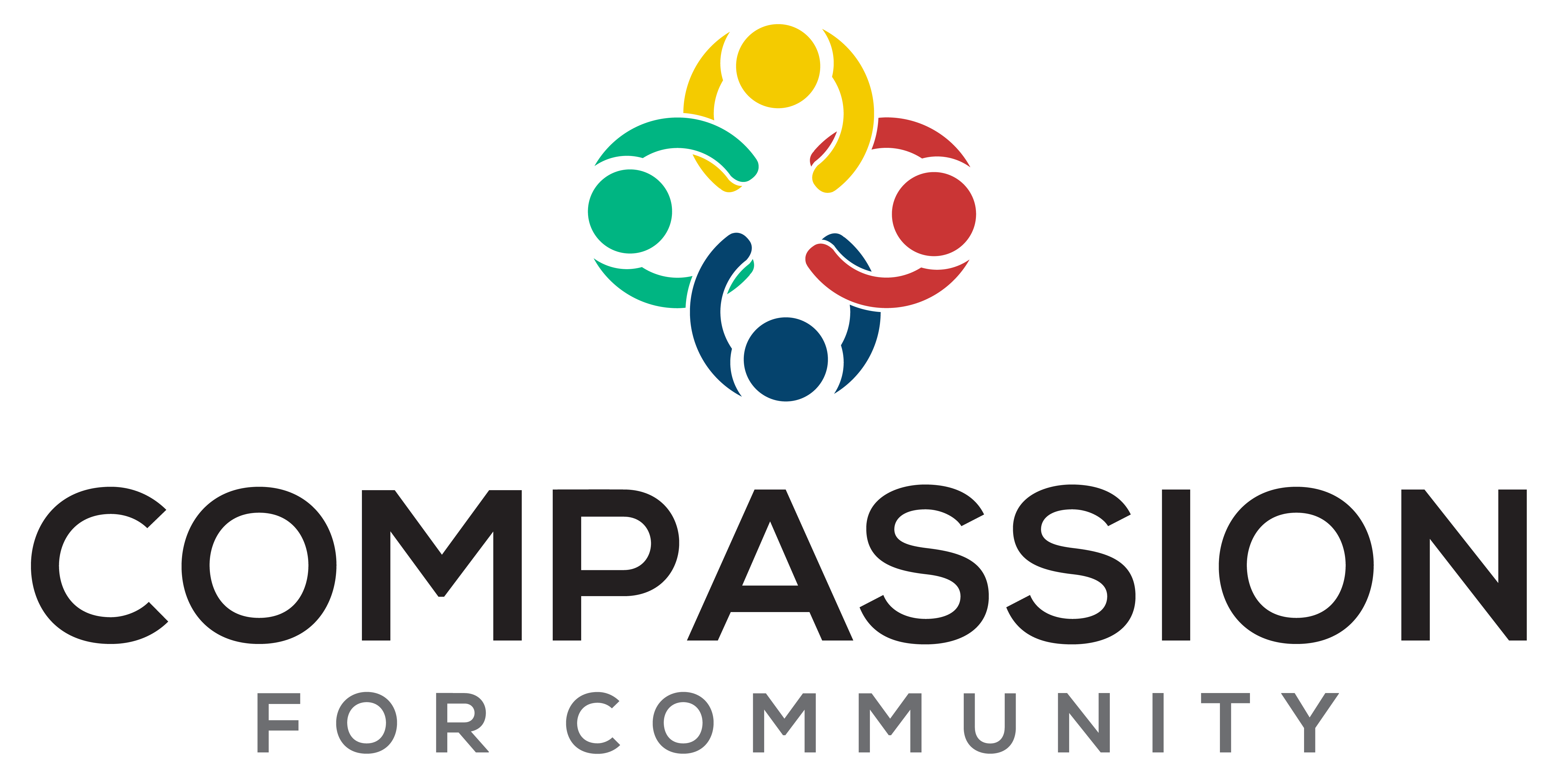 Logo for "Compassion for Community" featuring four stylized human figures in a circular formation, each in a different color (yellow, red, blue, green), symbolizing unity and diversity, with the text “Compassion for Community” below the graphic.