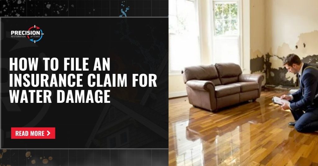 A picture of a Man inspecting water-damaged living room with text about filing an insurance claim for water damage.
