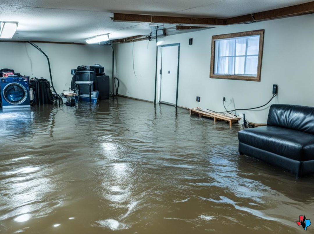 Water Damage Restoration in Magnolia, TX – A residential basement flooded with murky water, submerging the floor, furniture, and appliances. Precision Restoration provides 24/7 emergency water damage cleanup services in Magnolia, TX, helping homes recover from floods, burst pipes, and storm damage.