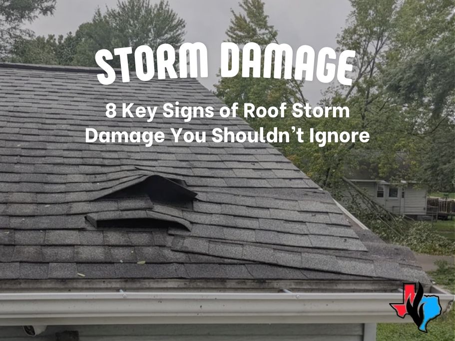 Damaged roof shingles after a storm with text overlay reading “8 Key Signs of Roof Storm Damage You Shouldn’t Ignore.