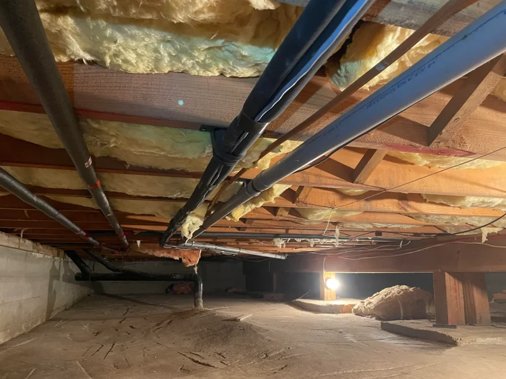 Crawl space with fiberglass insulation installed between floor joists, visible plumbing pipes, electrical wiring, and a lit work area in the background.