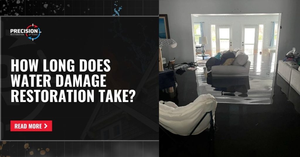 Flooded living room with furniture and water damage, alongside a graphic that asks “How Long Does Water Damage Restoration Take?”