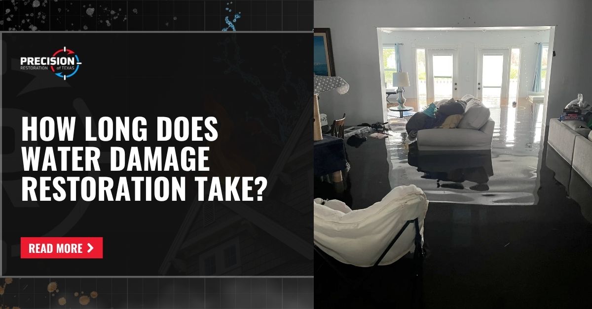 Flooded living room with furniture and water damage, alongside a graphic that asks “How Long Does Water Damage Restoration Take?”