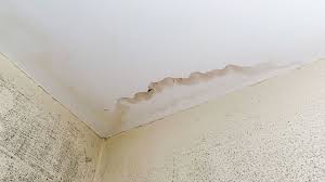 Ceiling corner with minor water damage showing light brown stains and slight paint bubbling.