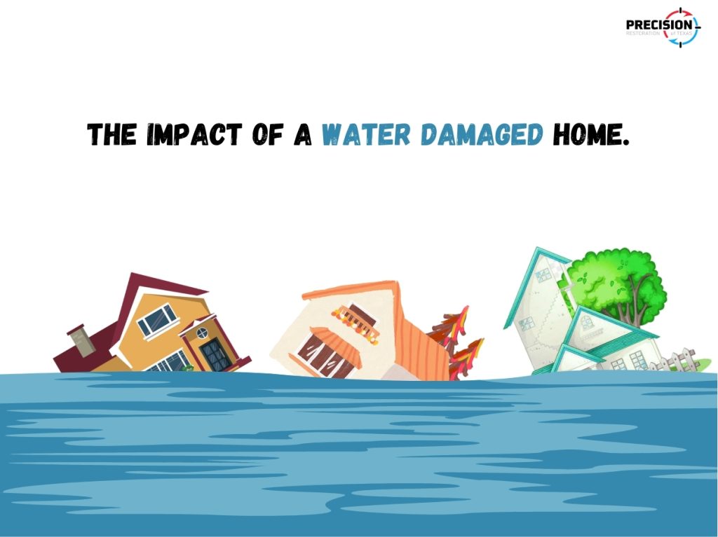 Illustration showing homes submerged in water to represent the impact of being water damaged in Houston TX, highlighting property devaluation risks from flooding and water-related damage.