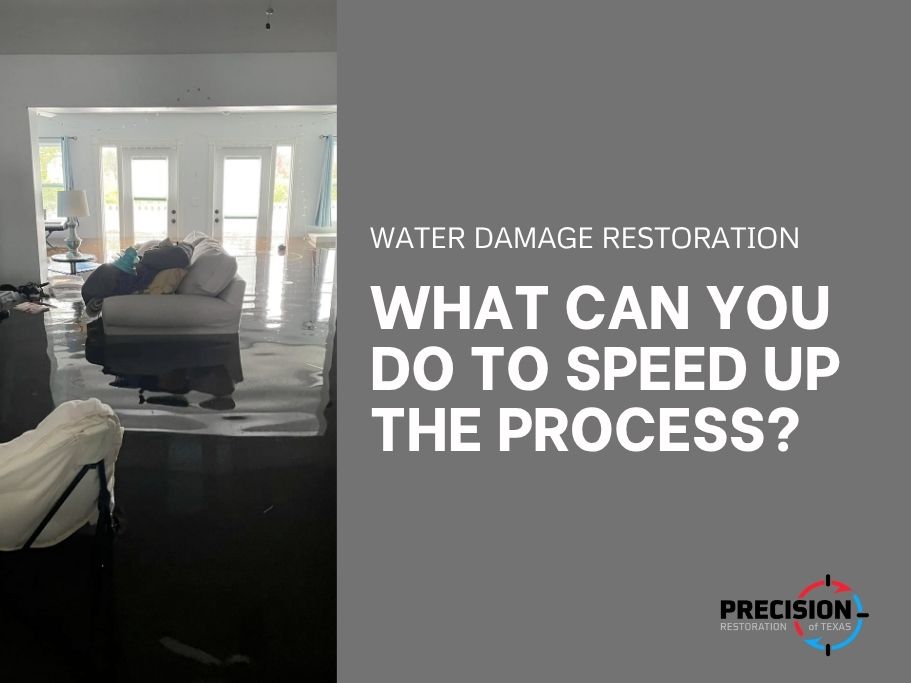 Flooded living room with standing water and furniture, accompanied by a text overlay asking how to speed up the water damage restoration process.