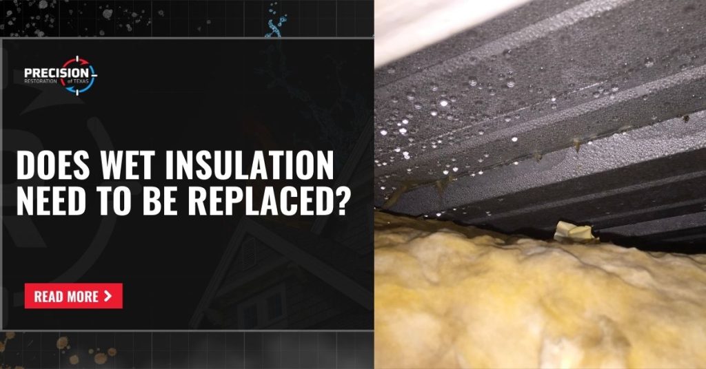 Graphic with the text 'does wet insulation need to be replaced?' beside an image of fiberglass insulation beneath a metal surface with visible condensation and water droplets.