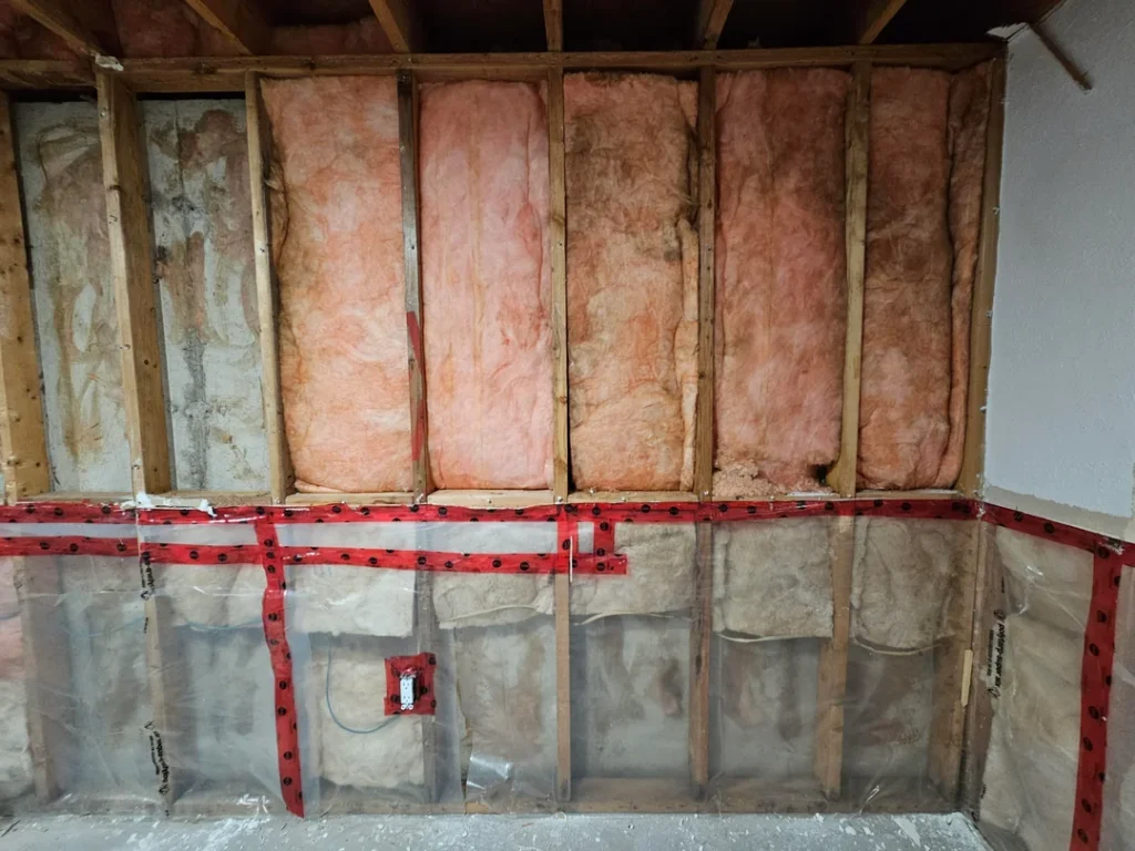 Exposed wall with pink fiberglass batt insulation installed between wooden studs, partially covered with clear plastic vapor barrier and red sealing tape; some drywall removed.