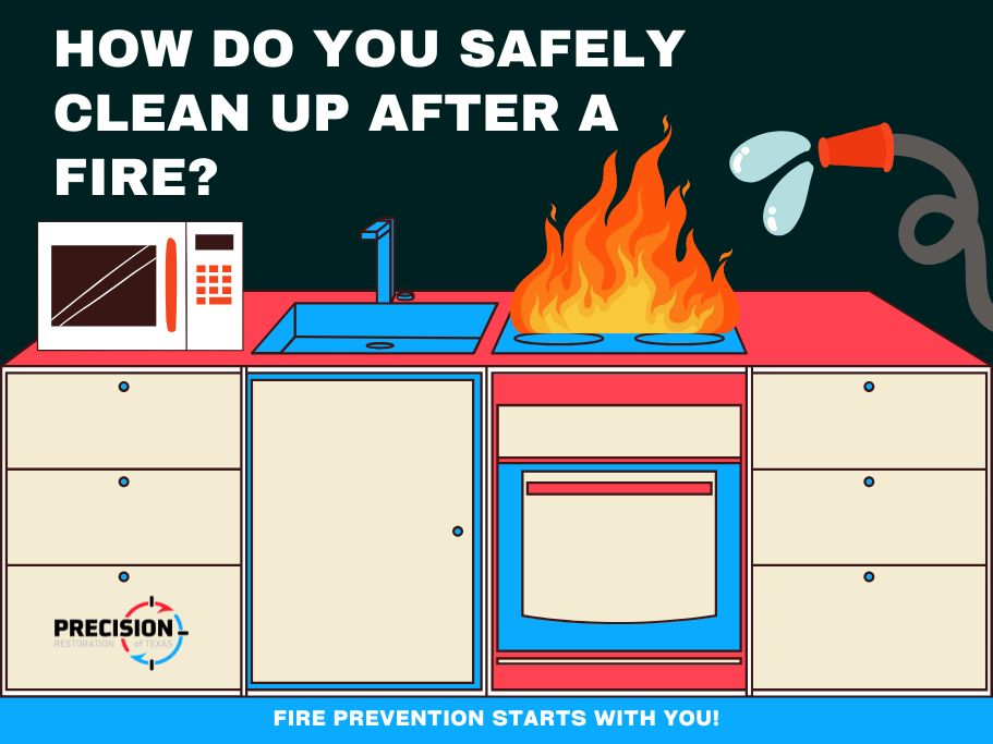 Kitchen on fire with text 'How Do You Safely Clean Up After a Fire?' and a fire hose spraying water