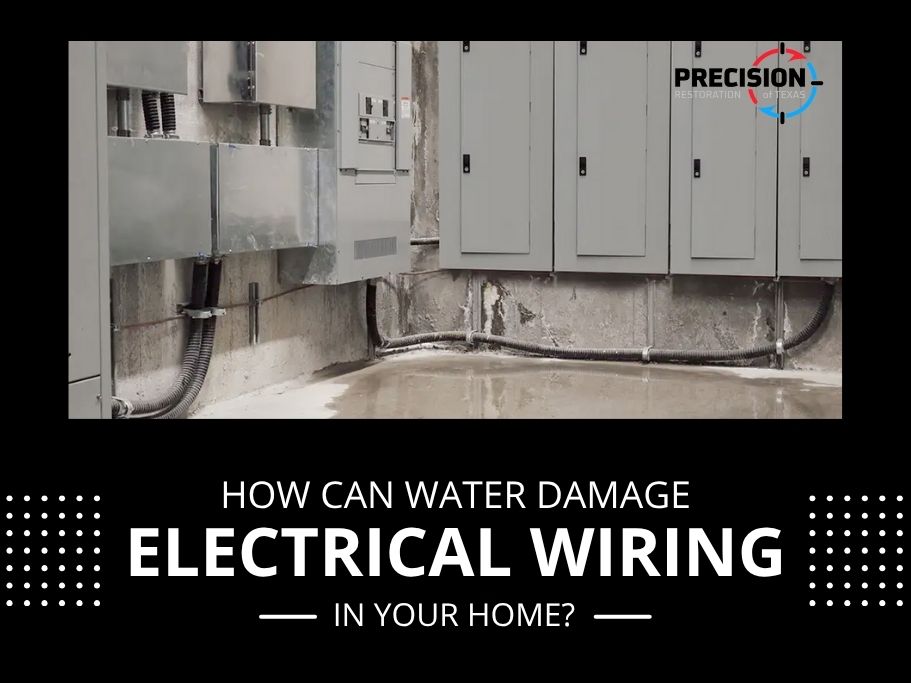 Wet floor near electrical panels with text asking how water can damage electrical wiring in your home.