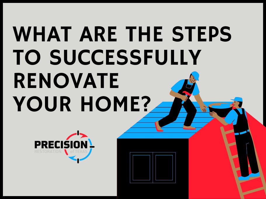Two workers on a house roof with text: 'What Are the Steps to Successfully Renovate Your Home?