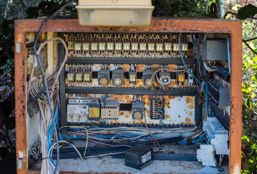 Rusty and corroded electrical panel with exposed wires and damaged components.