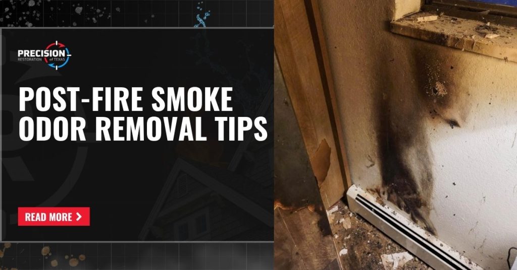 Burned wall and charred doorway inside a home, illustrating damage after a house fire with overlay text: “Post-Fire Smoke Odor Removal Tips”